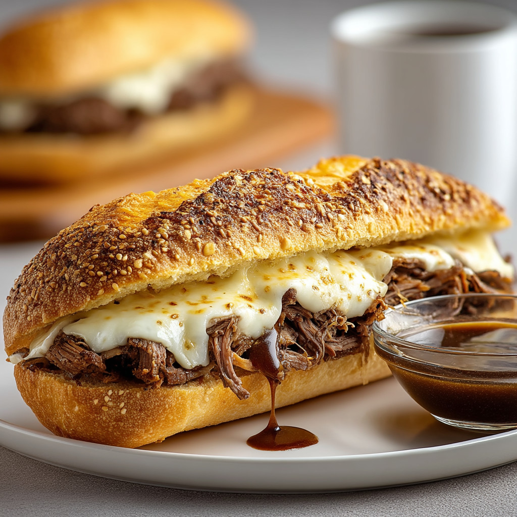 A sandwich with meat and cheese on a plate.