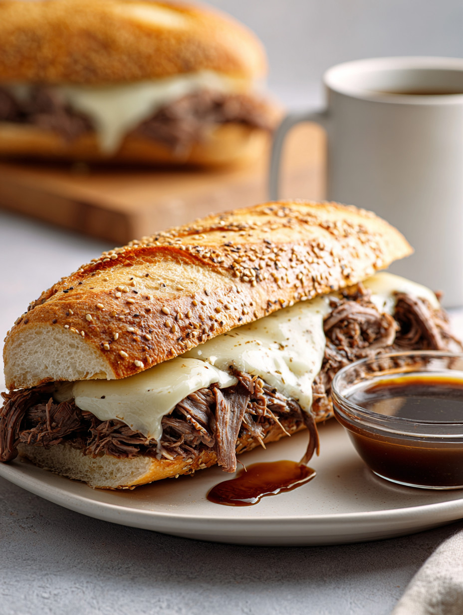 A sandwich with meat and cheese on a plate.