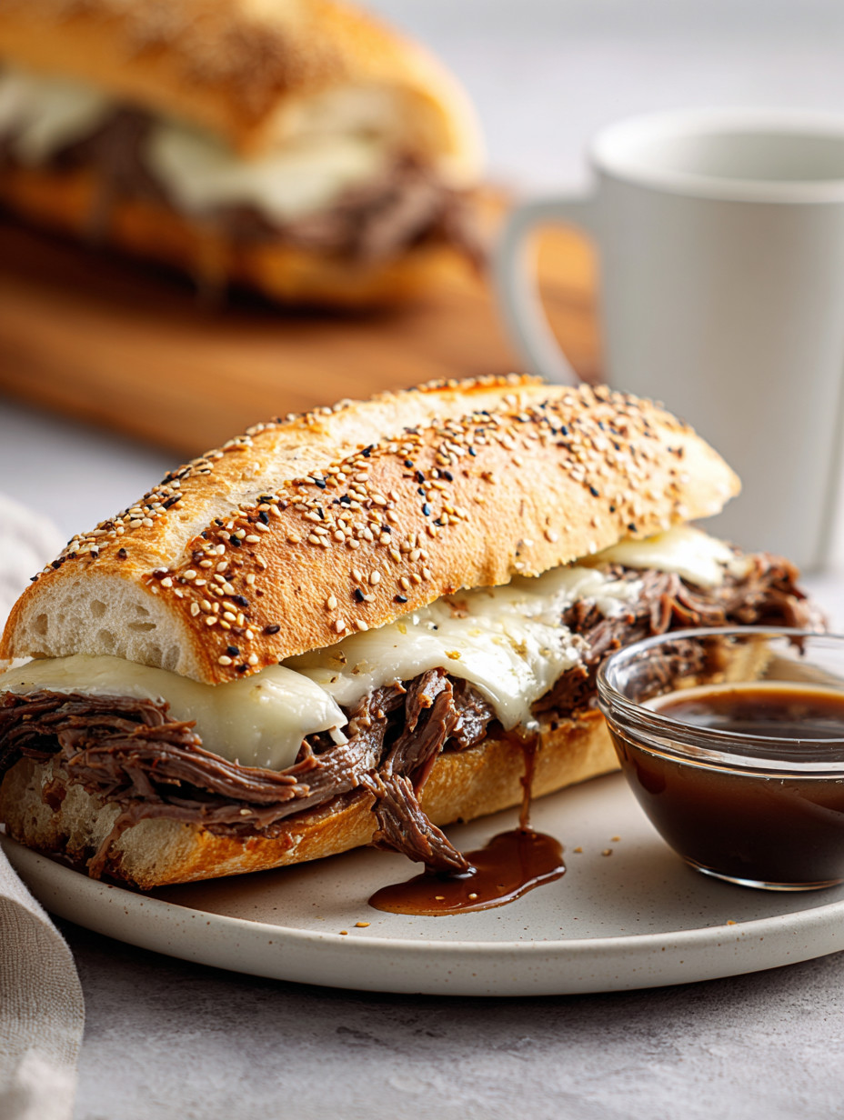 A sandwich with meat and cheese on a plate.