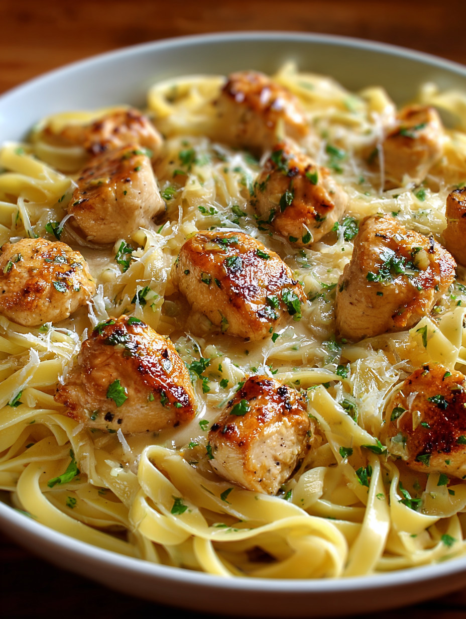 A plate of chicken and pasta.