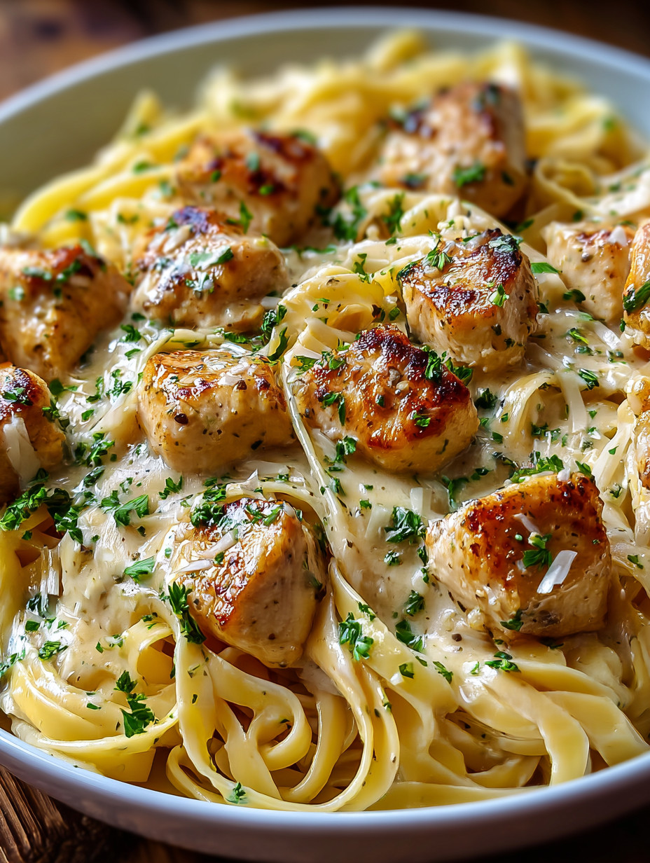 A bowl of pasta with chicken and herbs.