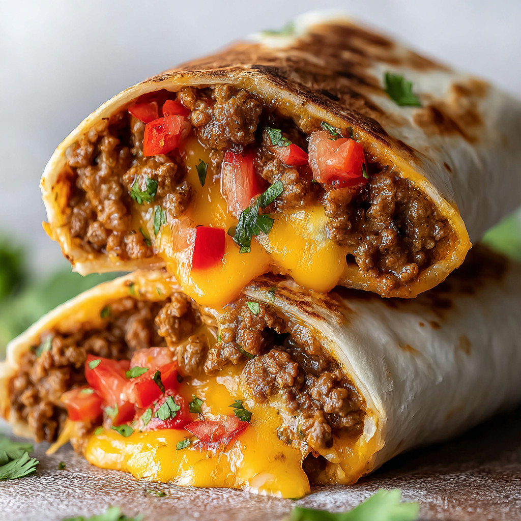 A burrito with cheese and tomatoes.