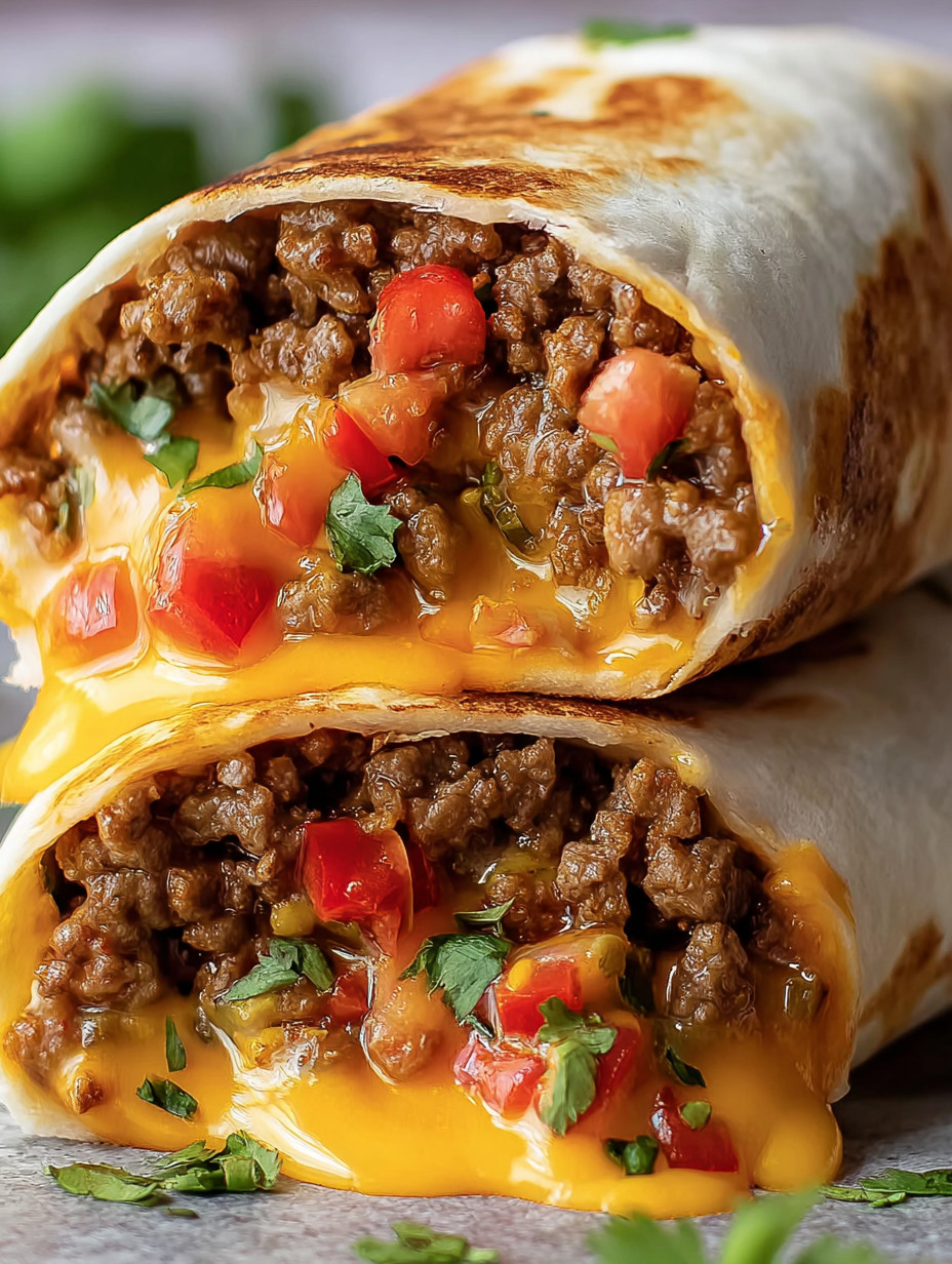 A burrito with meat and tomatoes.