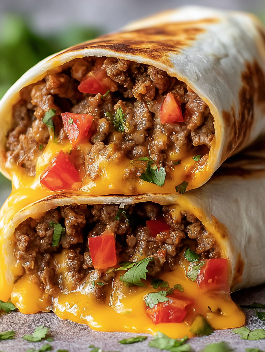 A burrito with meat and tomatoes.