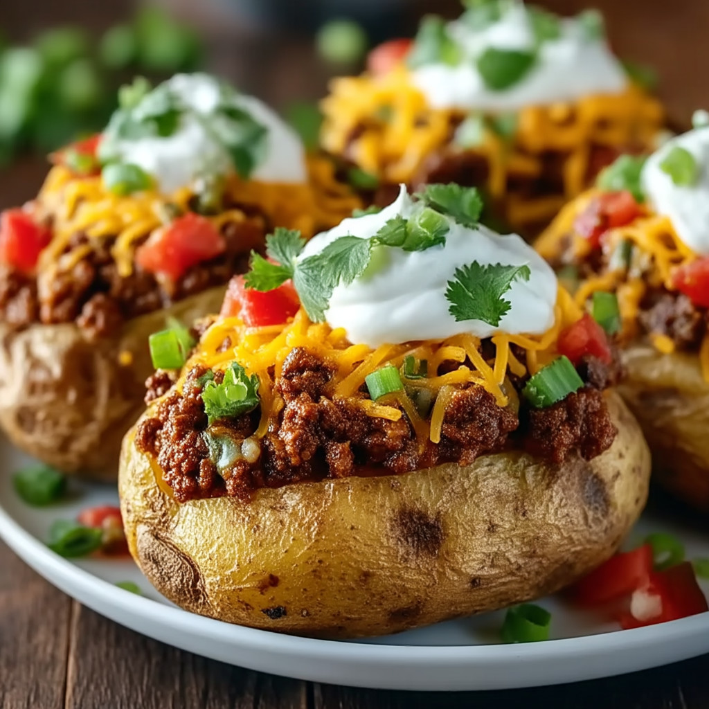 Three potatoes with meat and cheese on top.