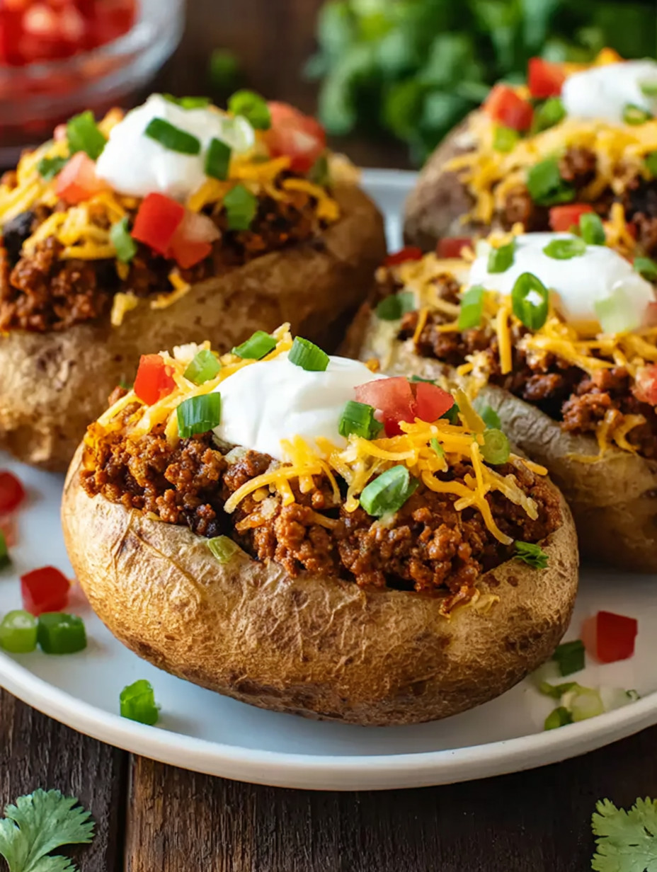 A plate of food with two potatoes and meat on top.