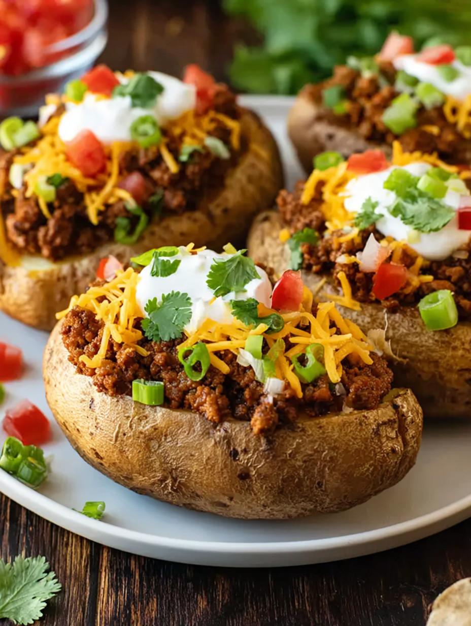 A plate of food with a baked potato and chili.