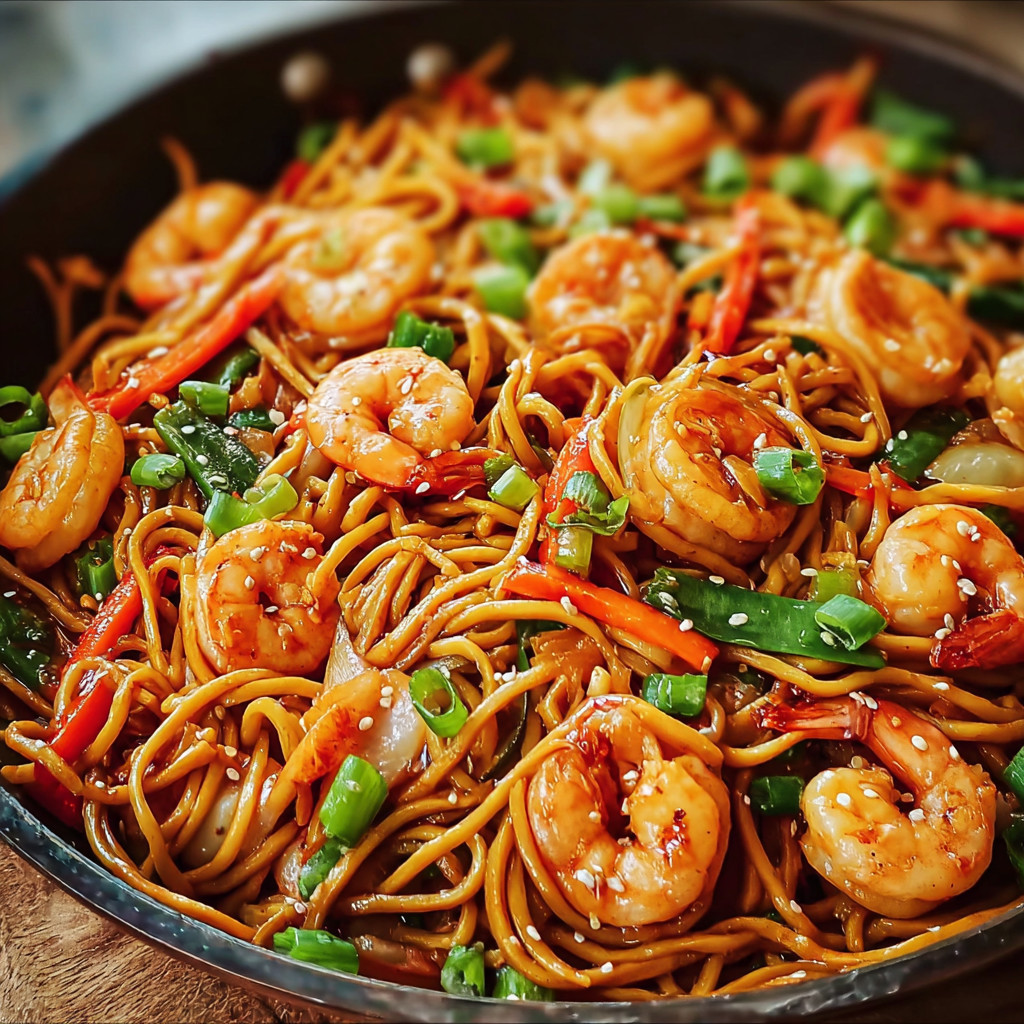 A pan of shrimp and noodles.