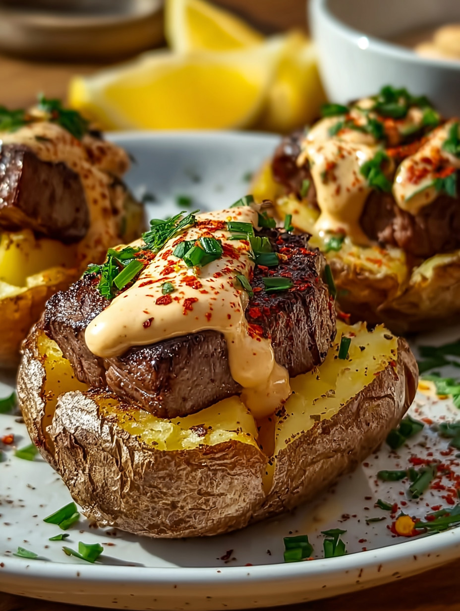 Three potatoes with meat and sauce on top.