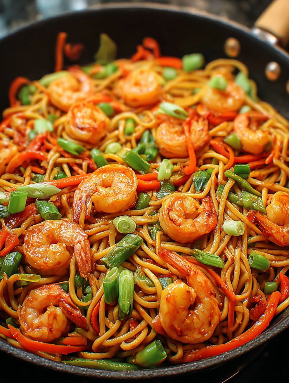 A bowl of shrimp and noodles.