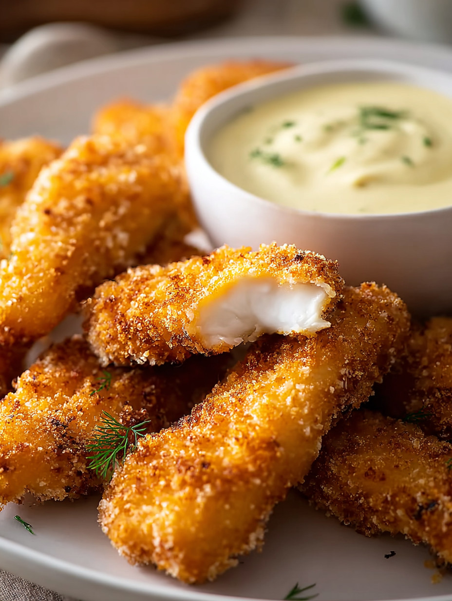 A plate of breaded fish sticks with a bowl of dipping sauce.