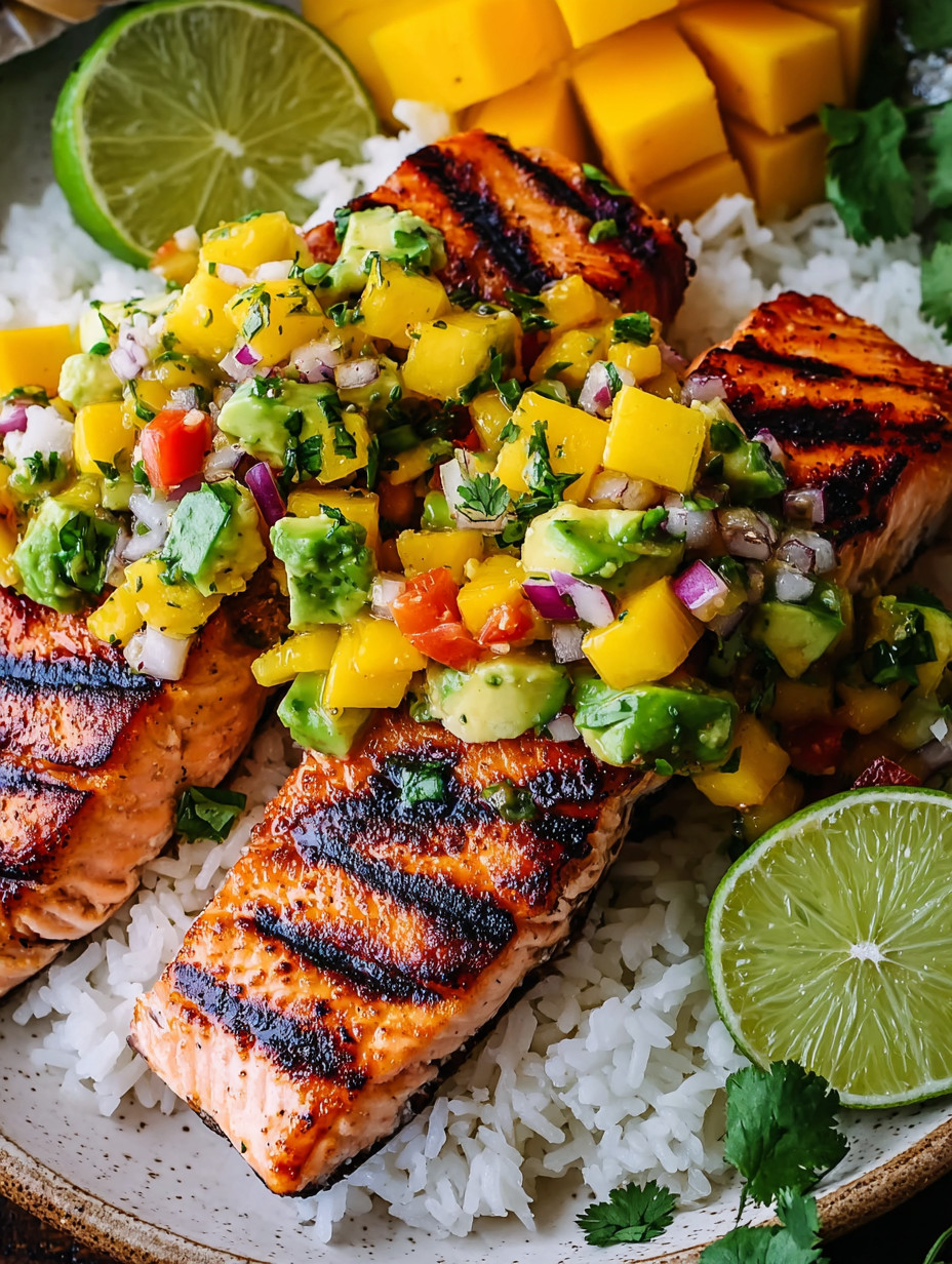 A close up of a piece of fish with a salsa topping.