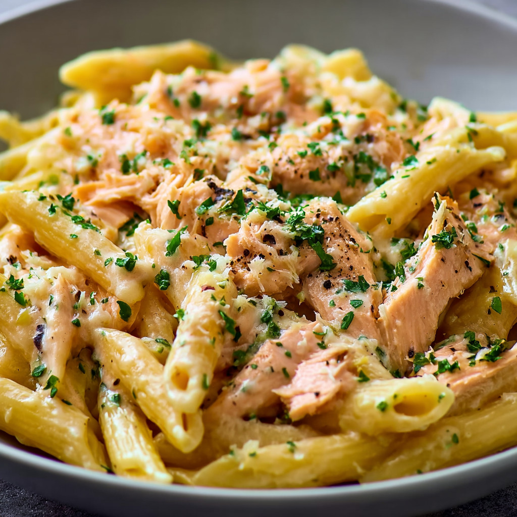 A bowl of pasta with chicken and cheese.