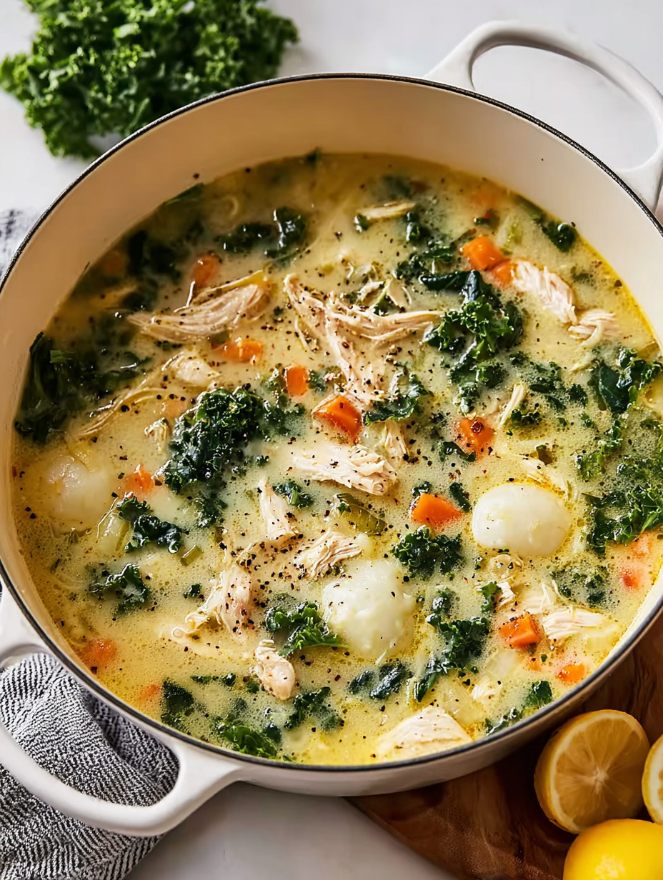 A bowl of soup with chicken, broccoli, carrots and potatoes.