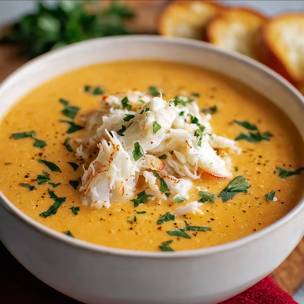 A bowl of soup with crab meat and herbs.