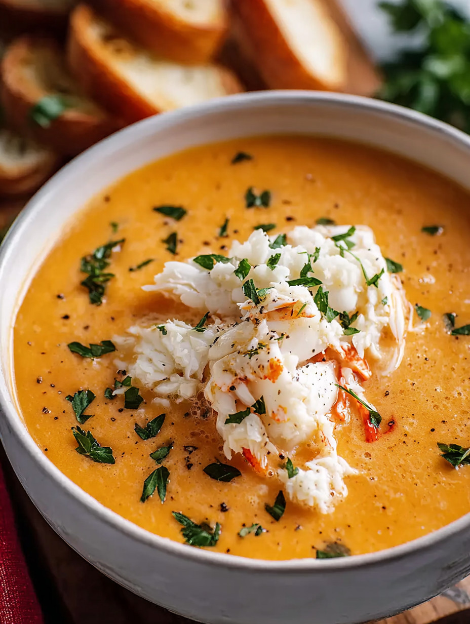 A bowl of soup with a piece of crab meat in it.