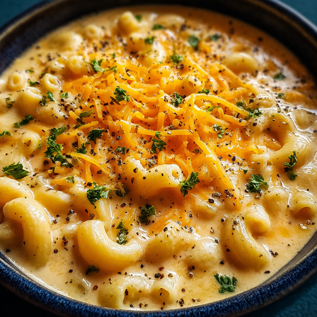 A bowl of macaroni and cheese with cheese on top.