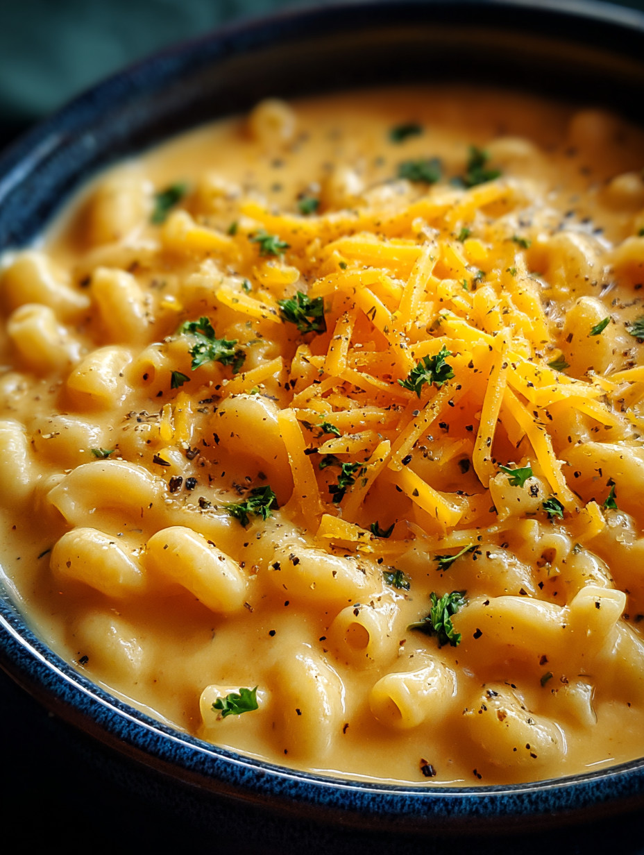 A bowl of macaroni and cheese with a green herb on top.