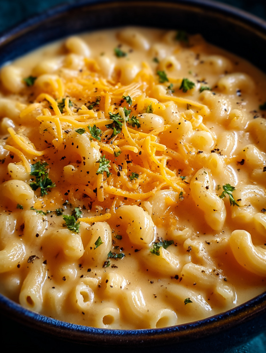A bowl of macaroni and cheese with chives and cheese on top.