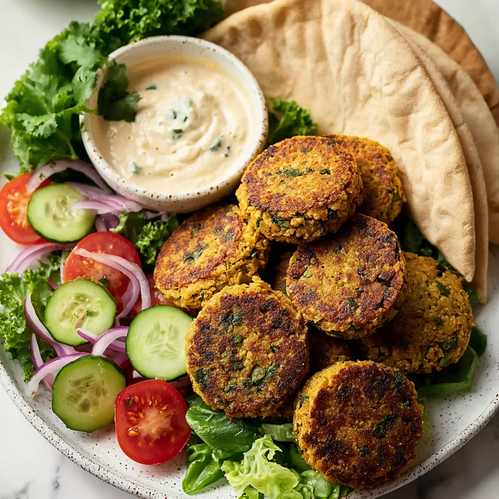 A plate of food with a bowl of sauce and a pita bread.