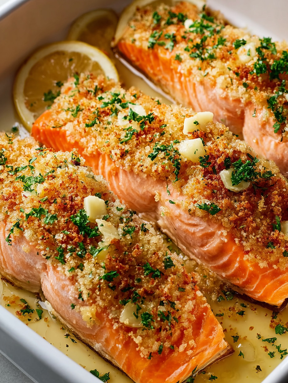 A plate of salmon with lemon wedges on top.