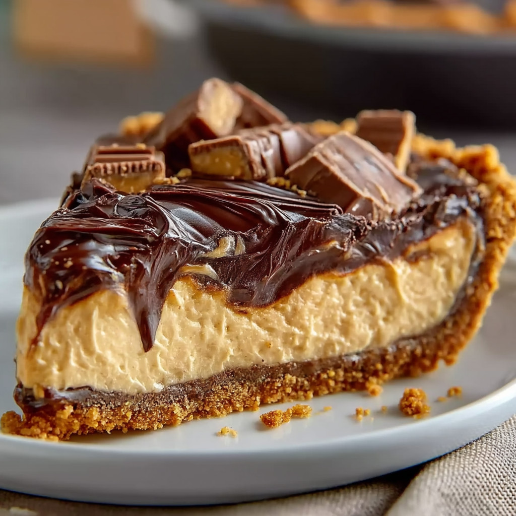 A slice of pie with chocolate and peanut butter toppings.