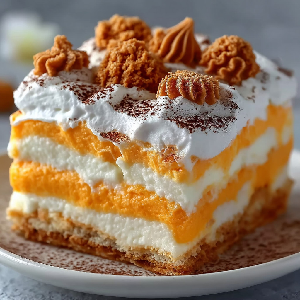 A slice of orange cake with white frosting.