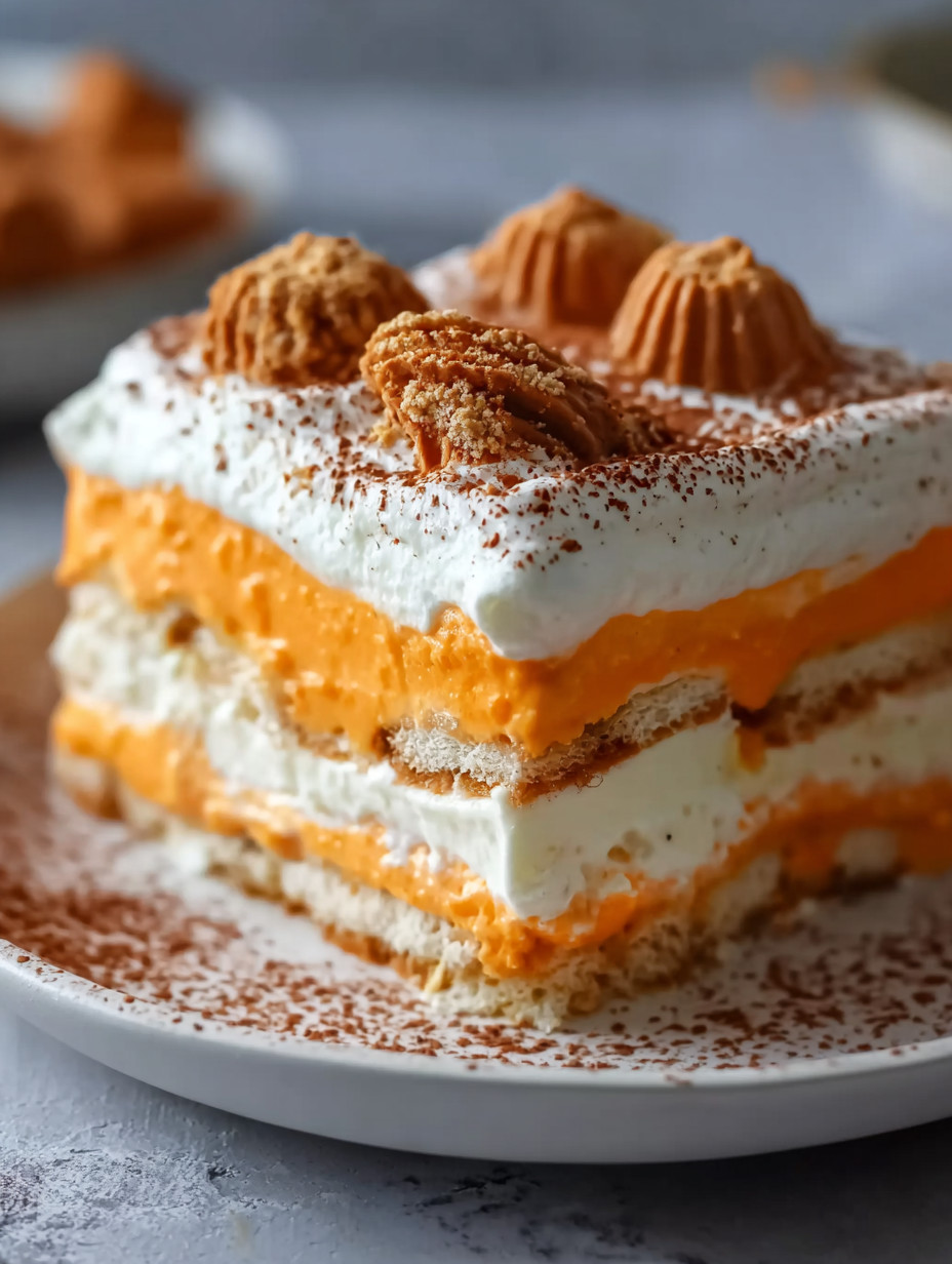 A slice of orange cake with white frosting.