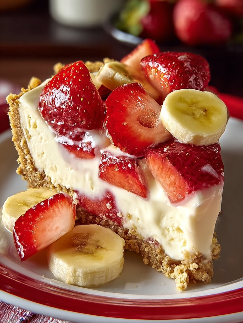 A slice of cheesecake with strawberries and bananas.
