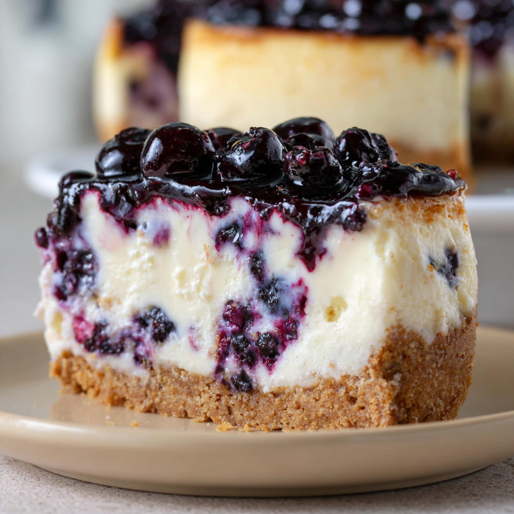A slice of blueberry cheesecake on a plate.