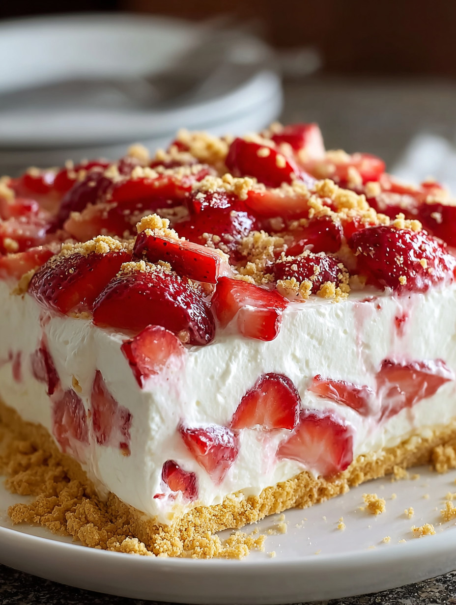 A slice of strawberry cheesecake.