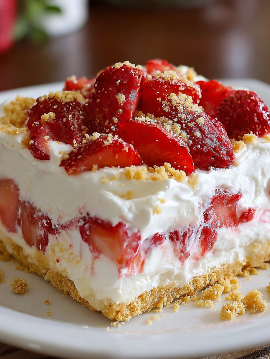 A slice of strawberry cheesecake on a plate.