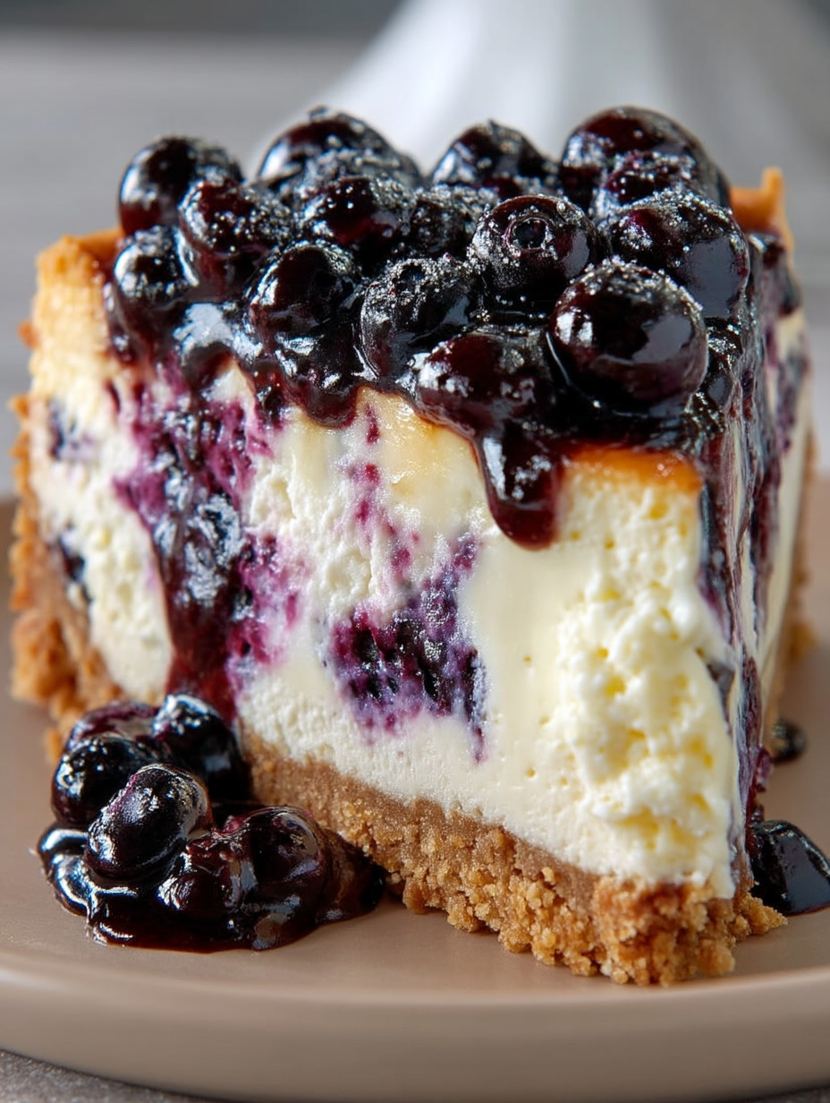 A slice of cheesecake with blueberries on top.