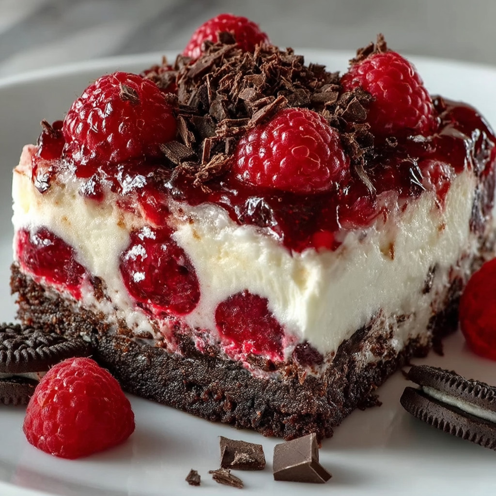 A slice of chocolate cake with raspberries on top.