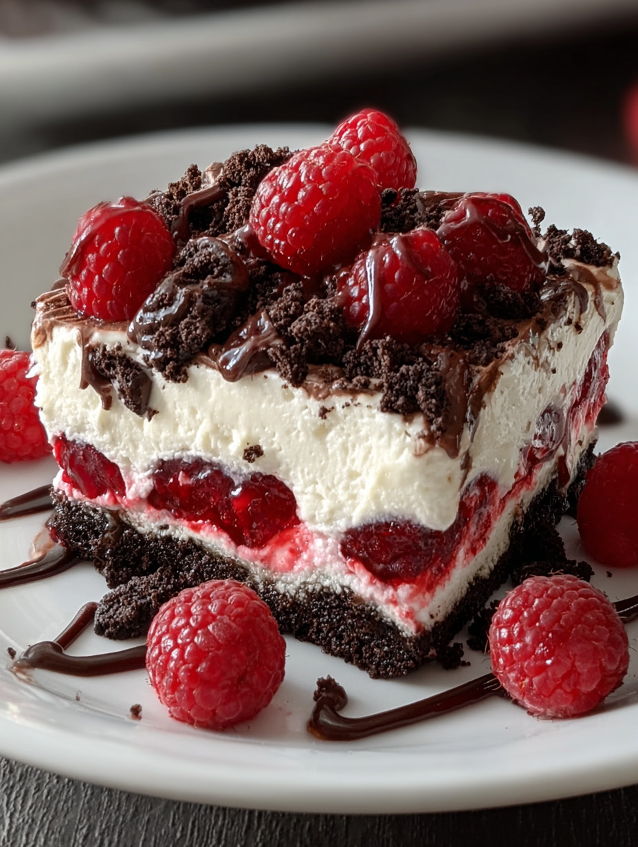 A slice of chocolate cake with raspberries on top.