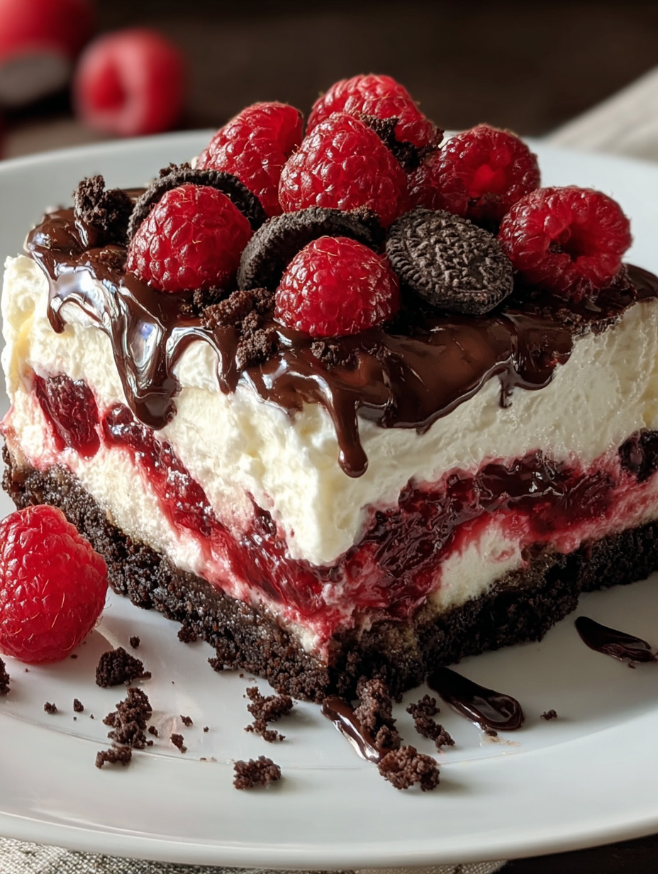 A slice of chocolate cake with raspberries on top.