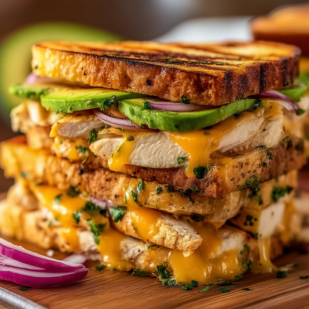 A stack of sandwiches with cheese and avocado.