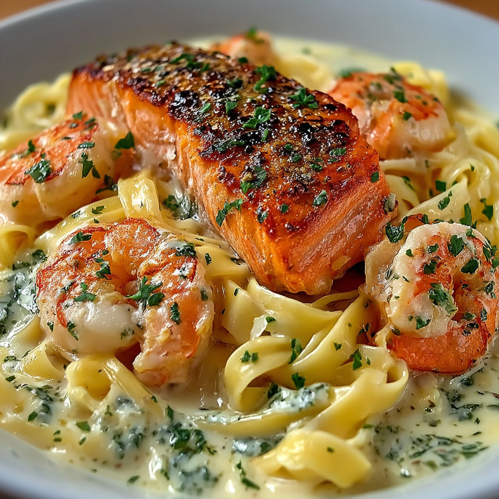 A bowl of pasta with shrimp and salmon.