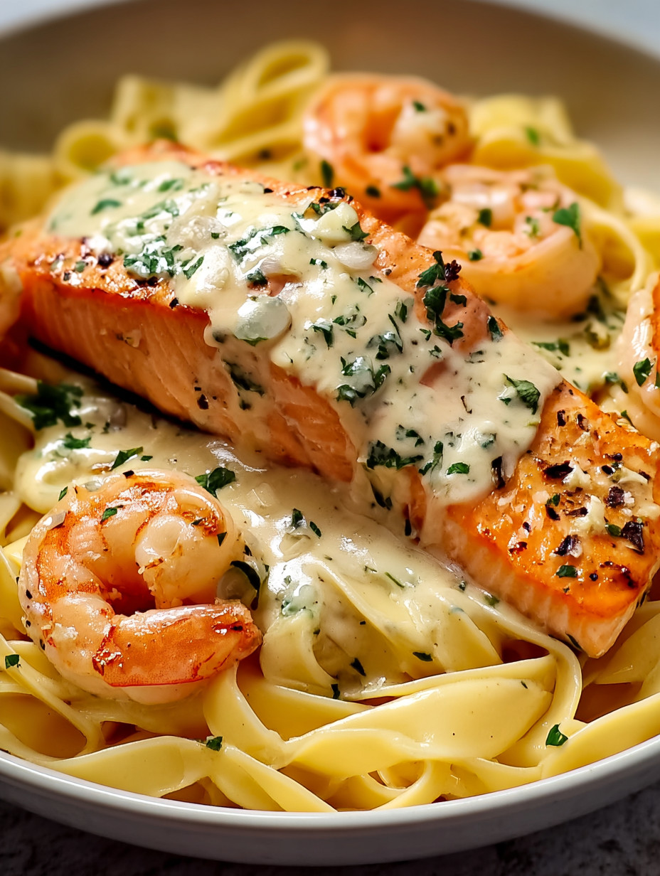 A plate of food with a piece of fish and shrimp.