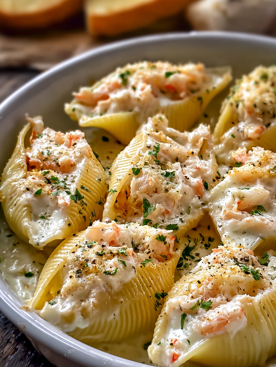 A bowl of pasta with white sauce and seafood.