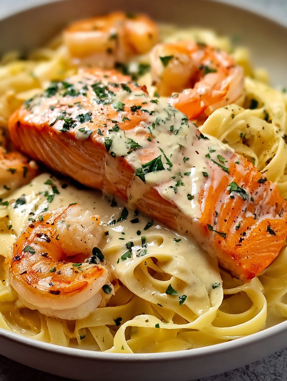A plate of pasta with shrimp and salmon.
