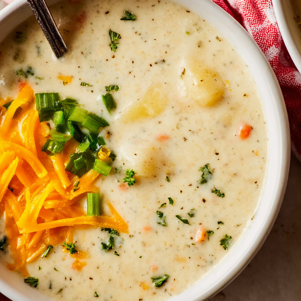 A bowl of soup with a spoon in it.