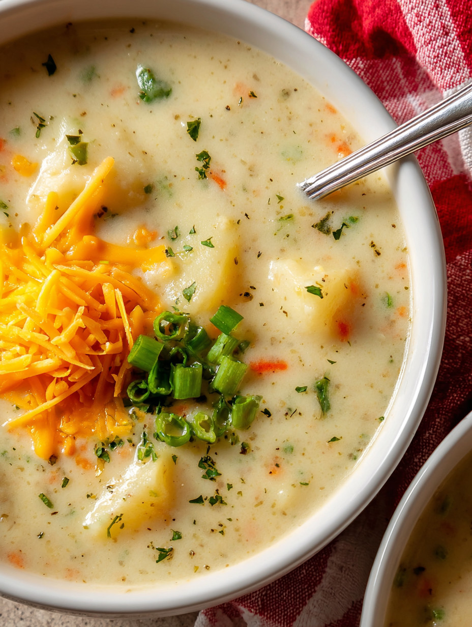 A bowl of soup with cheese and vegetables.
