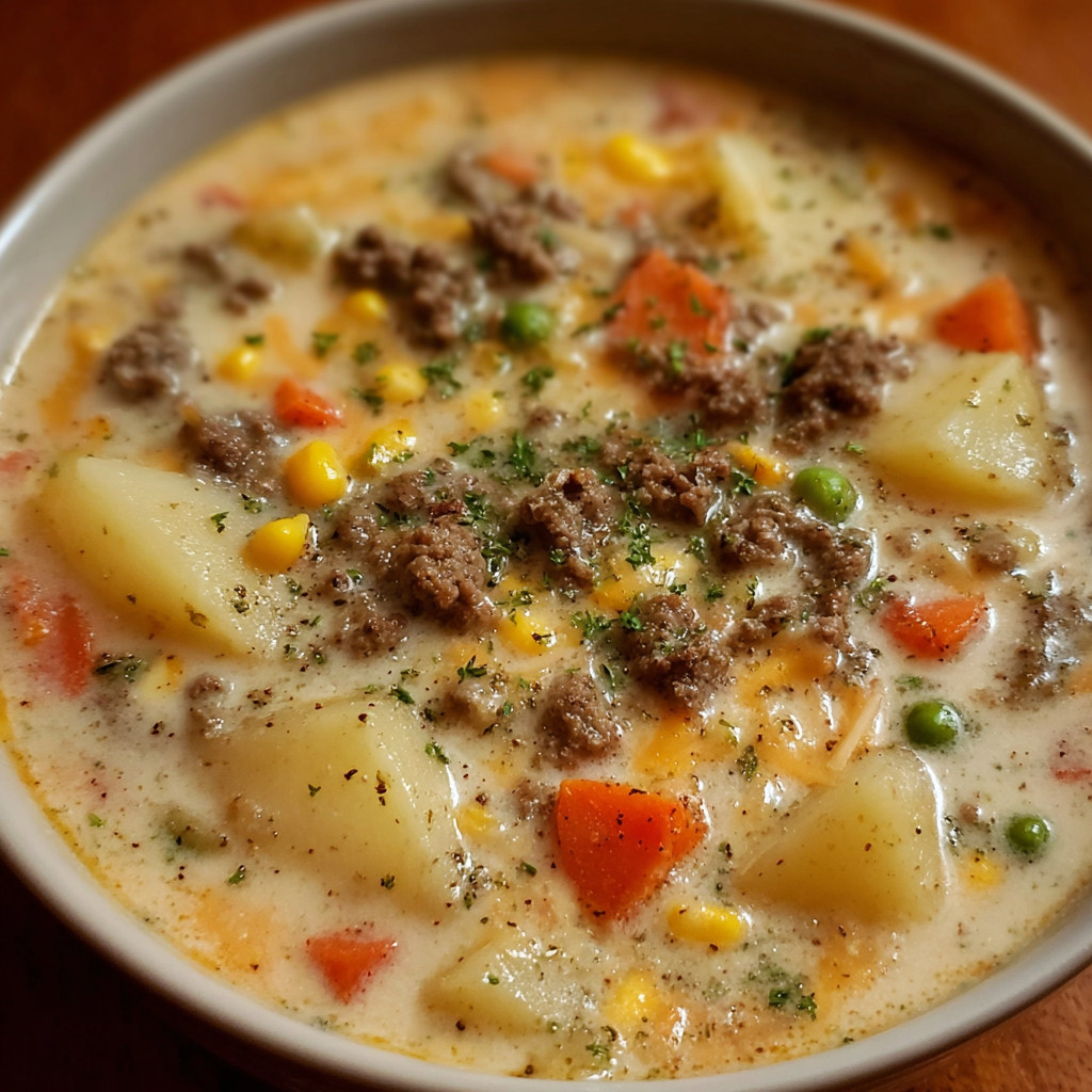 A bowl of soup with meat and vegetables.