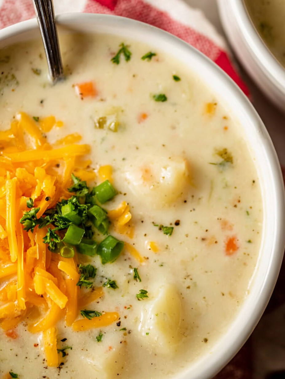 A bowl of soup with cheese and vegetables.
