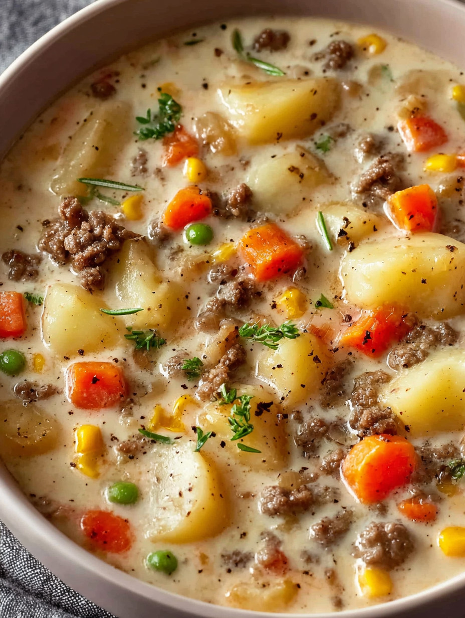 A bowl of soup with meat and vegetables.