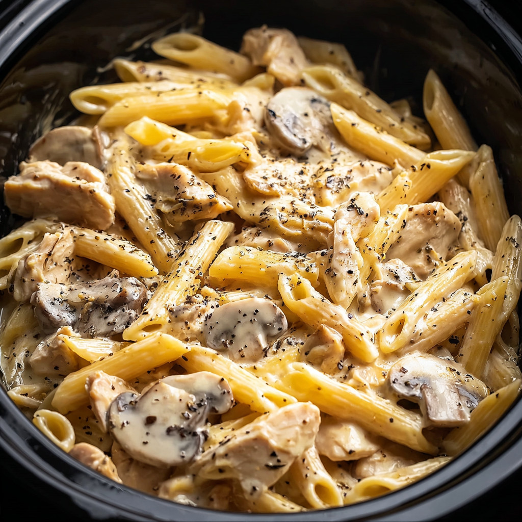 A bowl of pasta with meat and mushrooms.