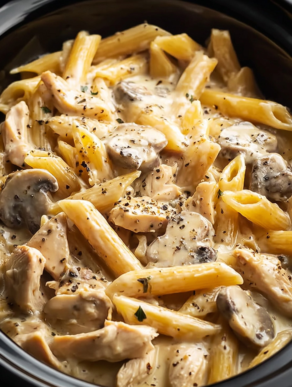 A bowl of pasta with mushrooms and cheese.