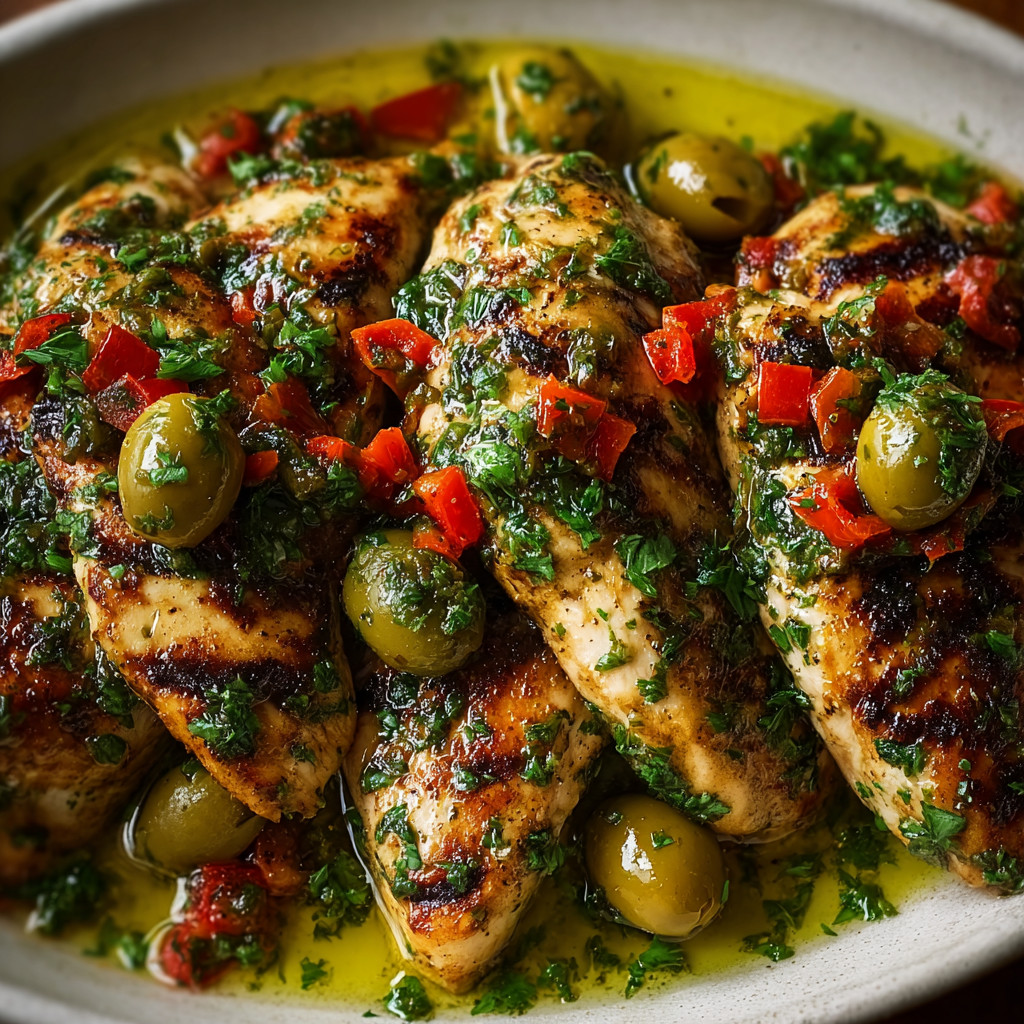 A plate of chicken with olives and tomatoes.