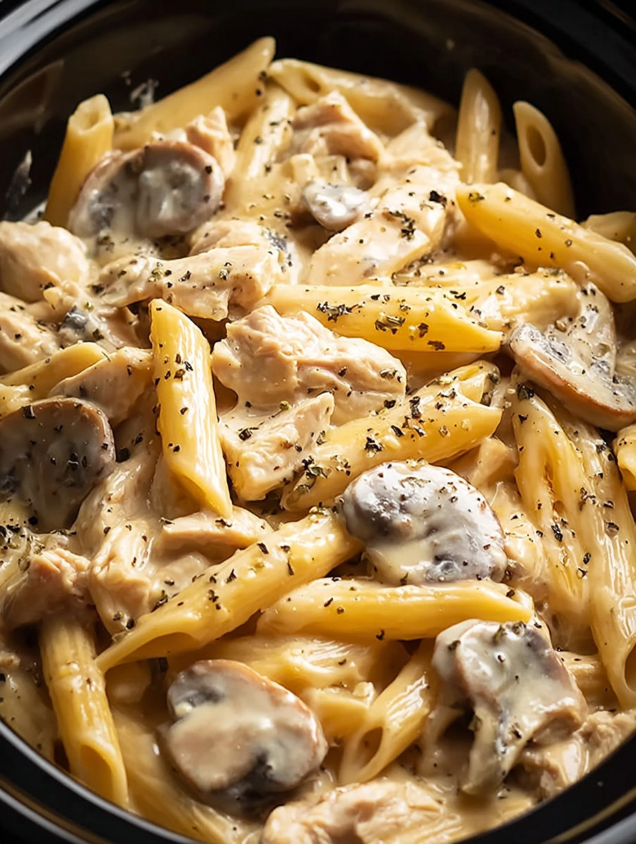 A bowl of pasta with chicken and mushrooms.